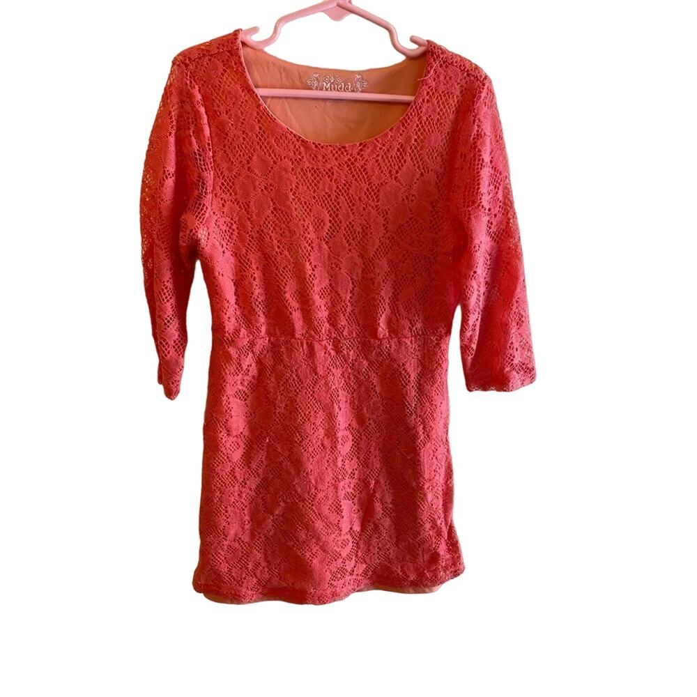 Mudd Coral Colored Lace 3/4 Sleeve Round Neck Lined Girl’s Dress Size 8